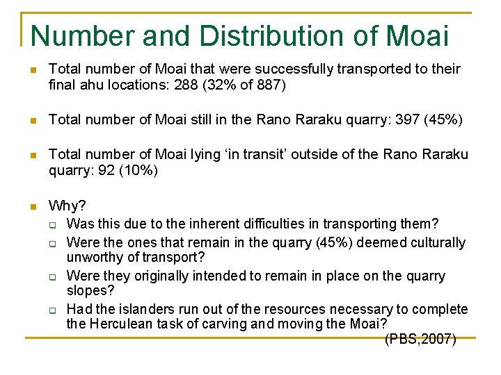 Number and Distribution of Moai n Total number of Moai that were successfully transported