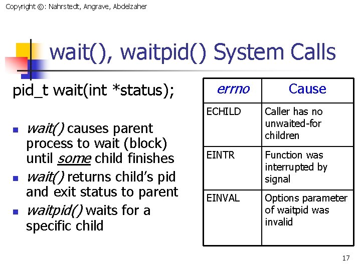 Copyright ©: Nahrstedt, Angrave, Abdelzaher wait(), waitpid() System Calls pid_t wait(int *status); n n