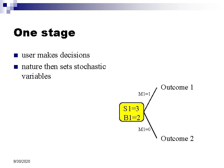 One stage n n user makes decisions nature then sets stochastic variables M 1=1