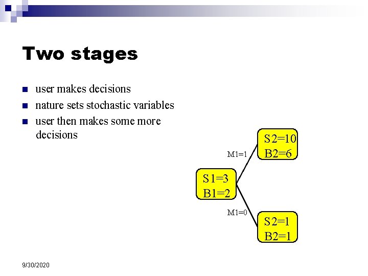 Two stages n n n user makes decisions nature sets stochastic variables user then