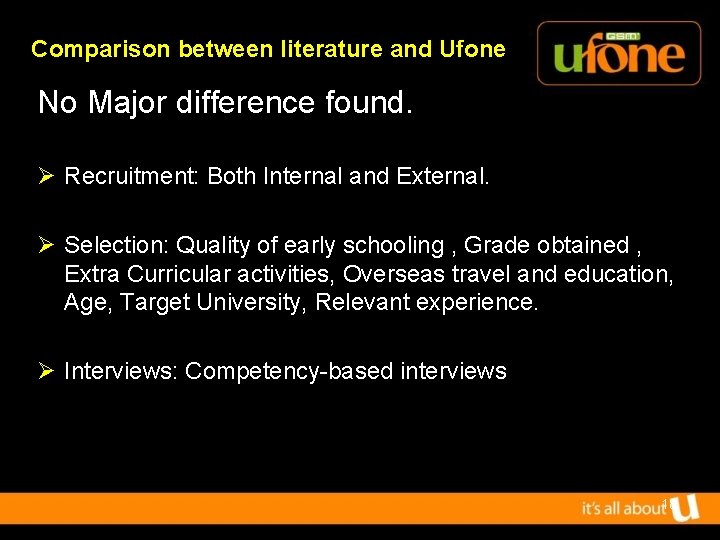 Comparison between literature and Ufone No Major difference found. Ø Recruitment: Both Internal and