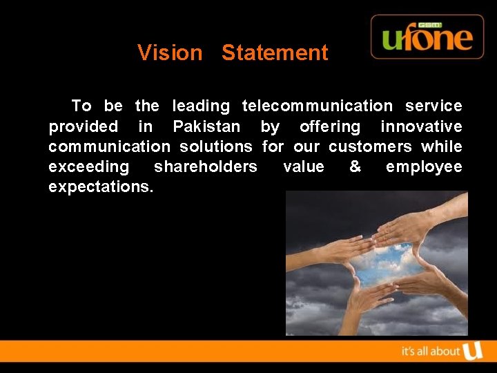  Vision Statement To be the leading telecommunication service provided in Pakistan by offering