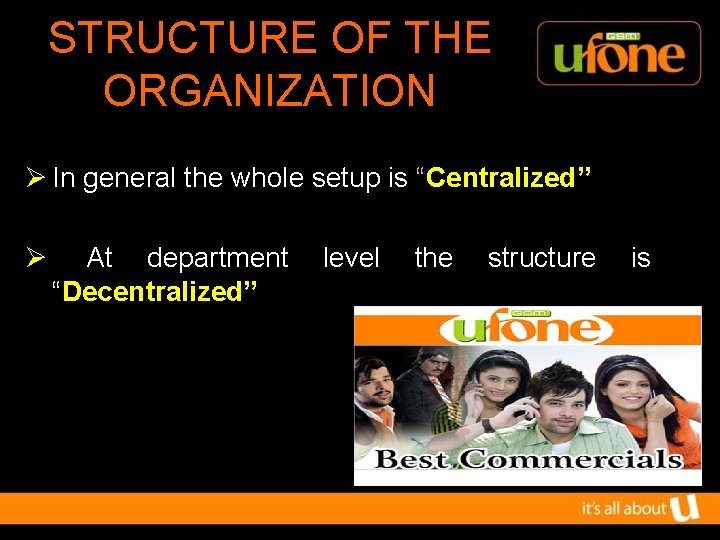 STRUCTURE OF THE ORGANIZATION Ø In general the whole setup is “Centralized” Ø At