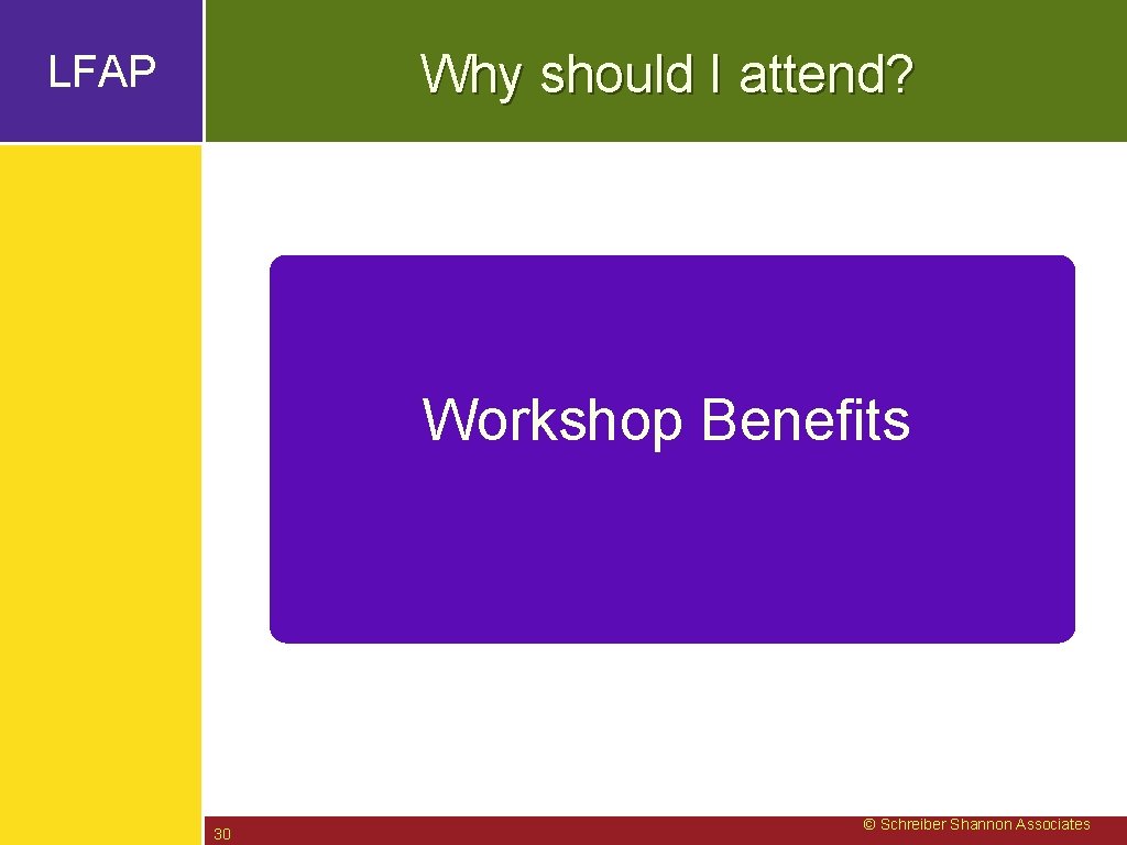 Why should I attend? LFAP Workshop Benefits 30 © Schreiber Shannon Associates 