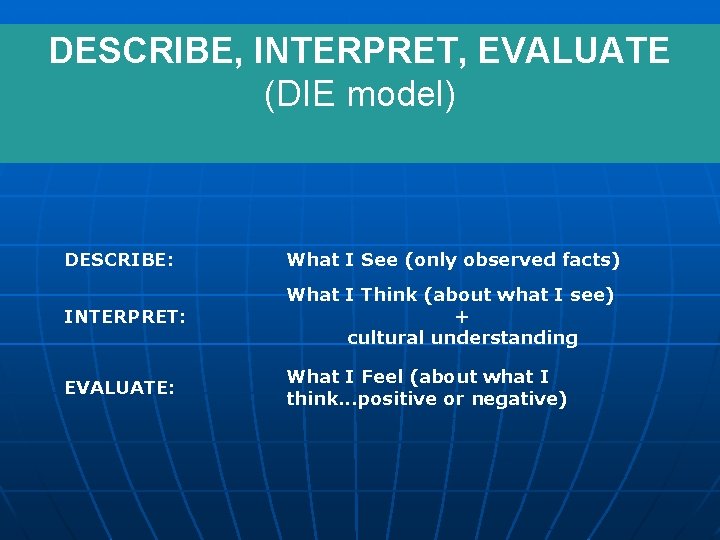 DESCRIBE, INTERPRET, EVALUATE (DIE model) DESCRIBE: What I See (only observed facts) INTERPRET: What