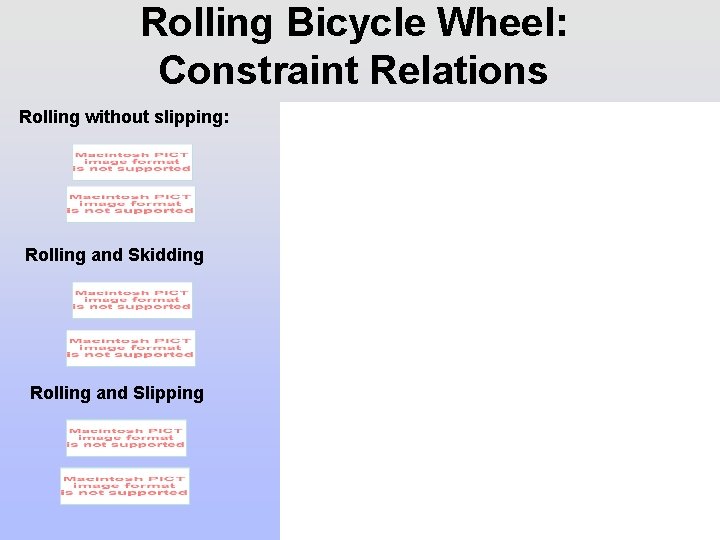 Rolling Bicycle Wheel: Constraint Relations Rolling without slipping: Rolling and Skidding Rolling and Slipping