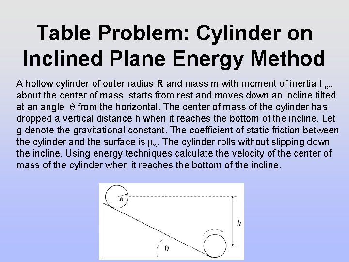 Table Problem: Cylinder on Inclined Plane Energy Method A hollow cylinder of outer radius
