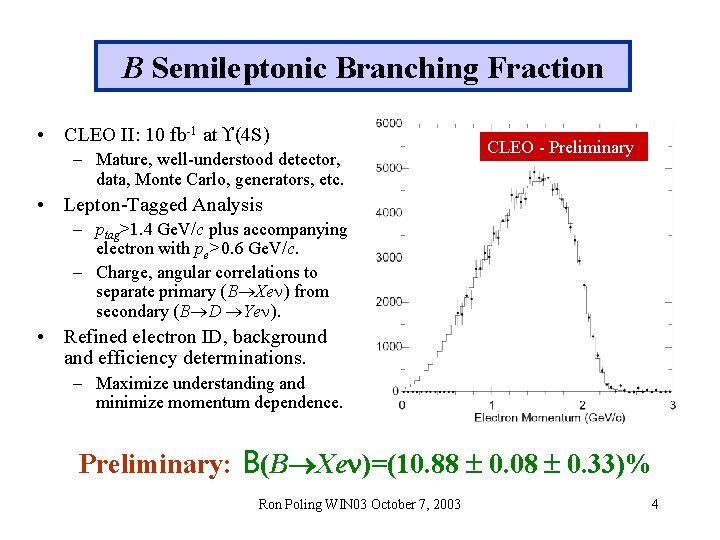 B Semileptonic Branching Fraction • CLEO II: 10 fb-1 at (4 S) – Mature,