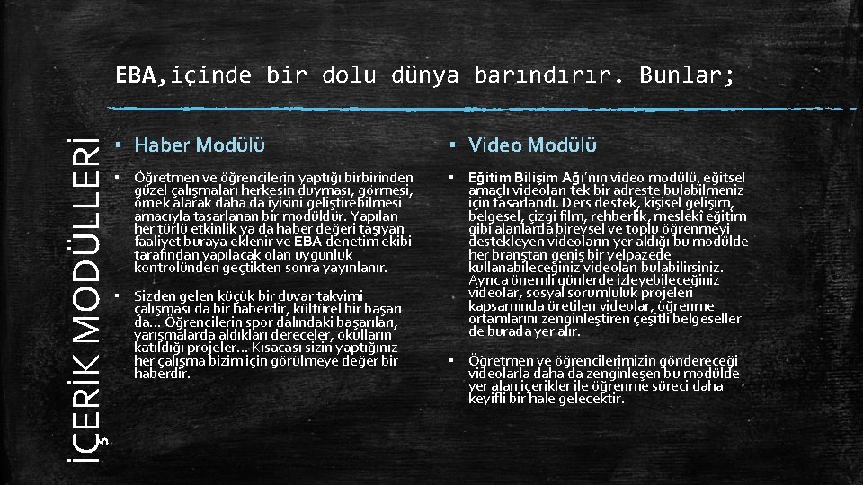 İÇERİK MODÜLLERİ EBA, içinde bir dolu dünya barındırır. Bunlar; ▪ Haber Modülü ▪ Video