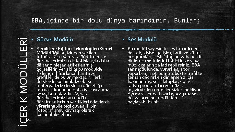 İÇERİK MODÜLLERİ EBA, içinde bir dolu dünya barındırır. Bunlar; ▪ Görsel Modülü ▪ Ses