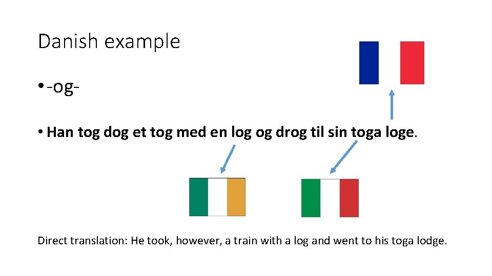 Danish example • -og • Han tog dog et tog med en log og