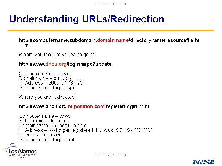 UNCLASSIFIED Understanding URLs/Redirection http: //computername. subdomain. name/directoryname/resourcefile. ht m Where you thought you were