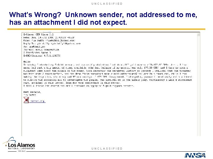 UNCLASSIFIED What’s Wrong? Unknown sender, not addressed to me, has an attachment I did