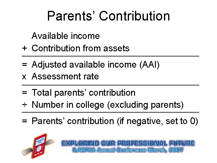 Parents’ Contribution Available income + Contribution from assets = Adjusted available income (AAI) x Parents’ Contribution Available income + Contribution from assets = Adjusted available income (AAI) x