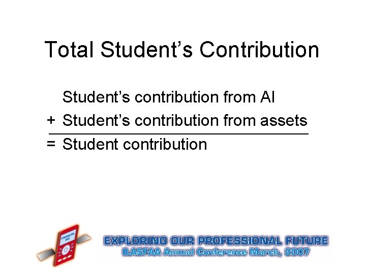 Total Student’s Contribution Student’s contribution from AI + Student’s contribution from assets = Student Total Student’s Contribution Student’s contribution from AI + Student’s contribution from assets = Student