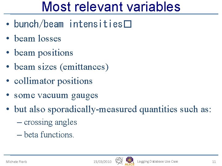 Most relevant variables • • bunch/beam intensities� beam losses beam positions beam sizes (emittances)