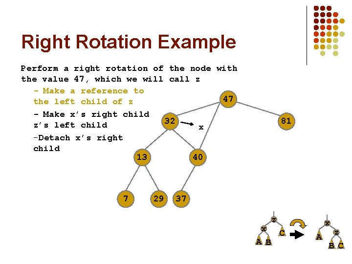 Right Rotation Example Perform a right rotation of the node with the value 47,