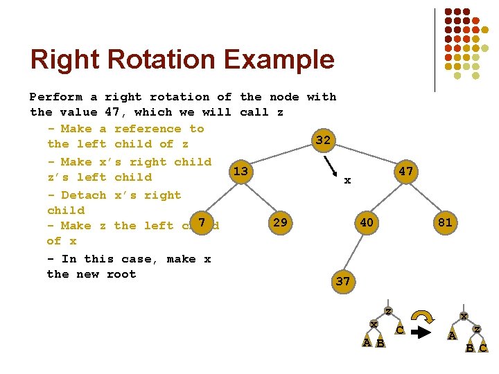 Right Rotation Example Perform a right rotation of the node with the value 47,