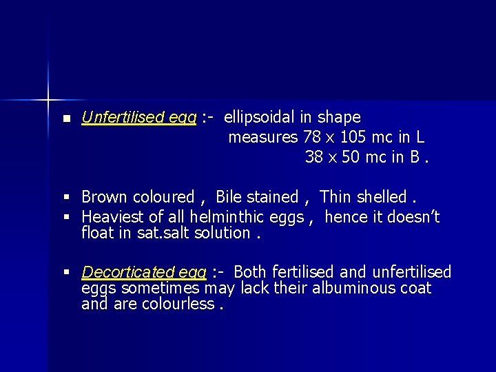 n Unfertilised egg : - ellipsoidal in shape measures 78 x 105 mc in