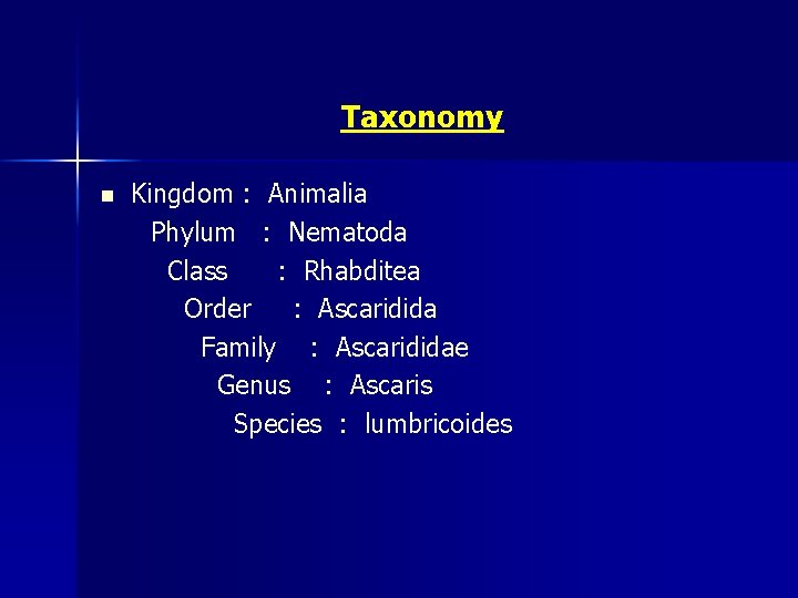 Taxonomy n Kingdom : Animalia Phylum : Nematoda Class : Rhabditea Order : Ascaridida