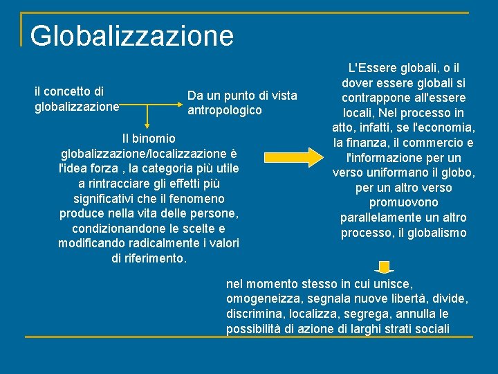 Globalizzazione il concetto di globalizzazione Da un punto di vista antropologico Il binomio globalizzazione/localizzazione