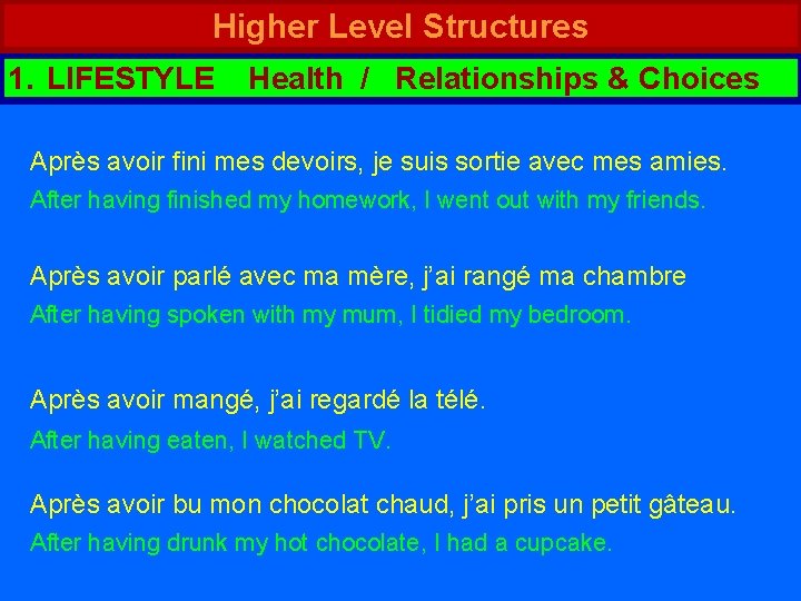 Higher Level Structures 1. LIFESTYLE Health / Relationships & Choices Après avoir fini mes