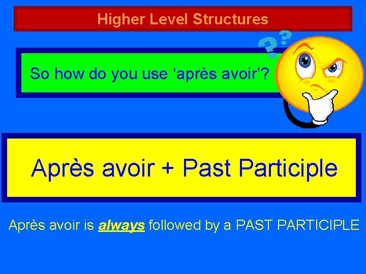 Higher Level Structures So how do you use ‘après avoir’? Après avoir + Past