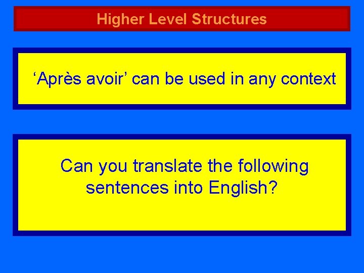 Higher Level Structures ‘Après avoir’ can be used in any context Can you translate