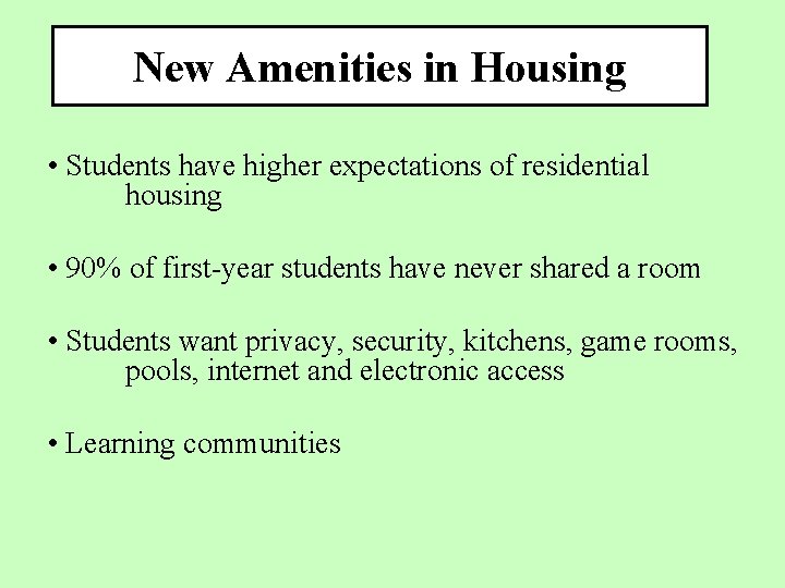 New Amenities in Housing • Students have higher expectations of residential housing • 90%