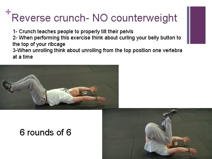 + Reverse crunch- NO counterweight 1 - Crunch teaches people to properly tilt their