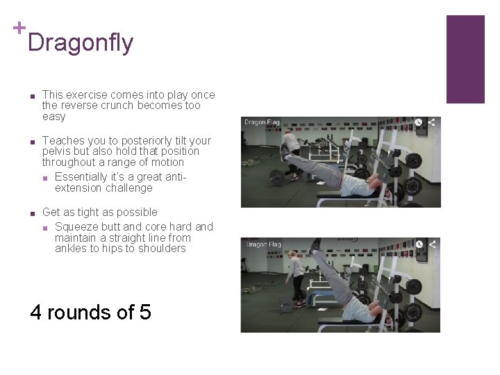 + Dragonfly ■ This exercise comes into play once the reverse crunch becomes too