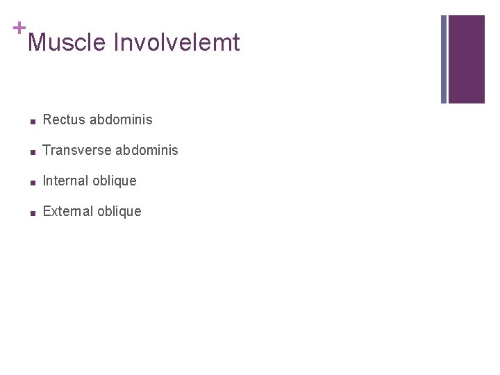 + Muscle Involvelemt ■ Rectus abdominis ■ Transverse abdominis ■ Internal oblique ■ External