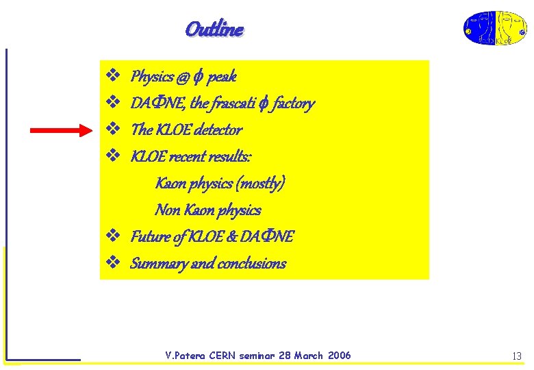 Outline Physics @ peak DA NE, the frascati factory The KLOE detector KLOE recent