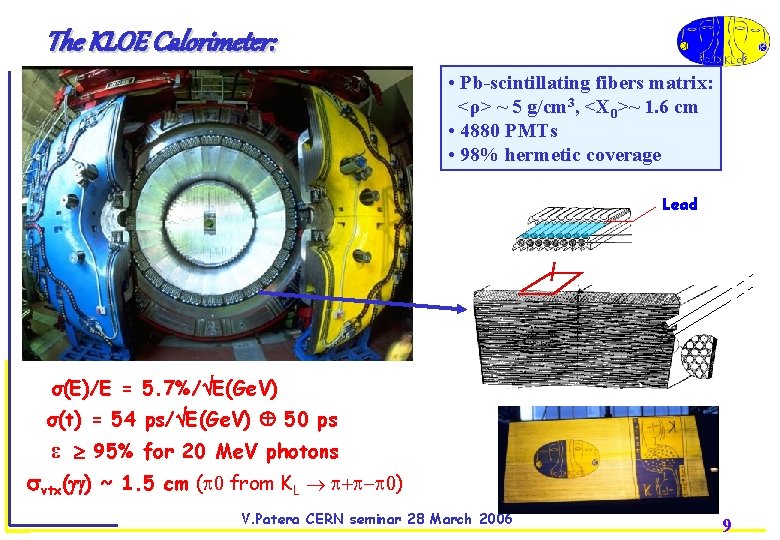 The KLOE Calorimeter: • Pb-scintillating fibers matrix: <ρ> ~ 5 g/cm 3, <X 0>~