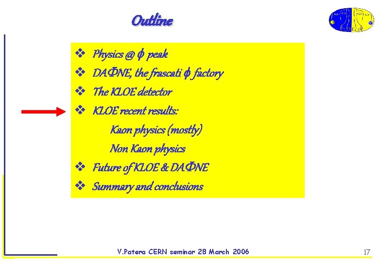 Outline Physics @ peak DA NE, the frascati factory The KLOE detector KLOE recent