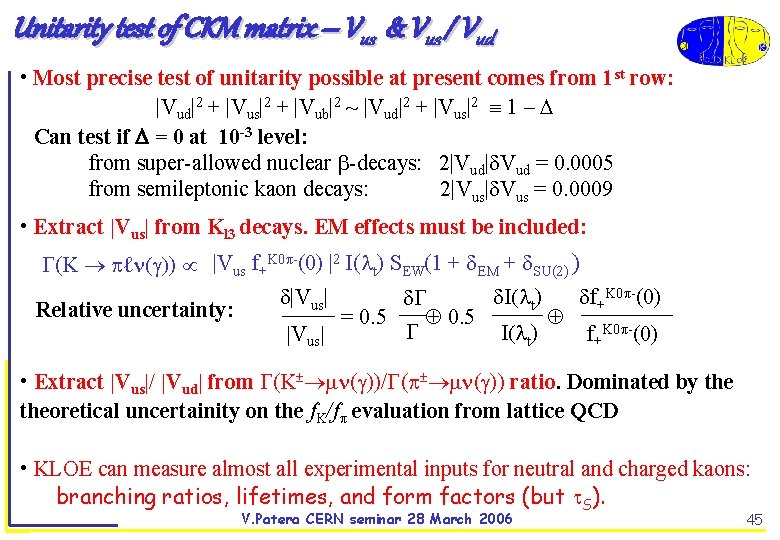 Unitarity test of CKM matrix – Vus & Vus / Vud • Most precise