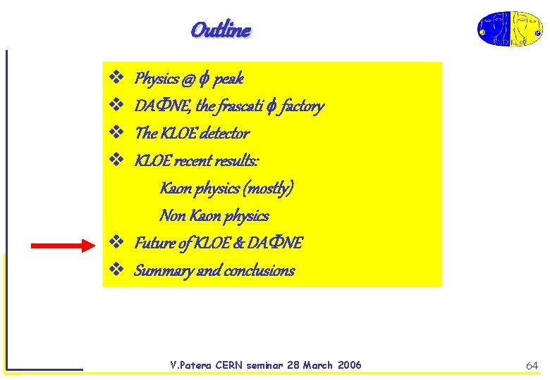 Outline Physics @ peak DA NE, the frascati factory The KLOE detector KLOE recent