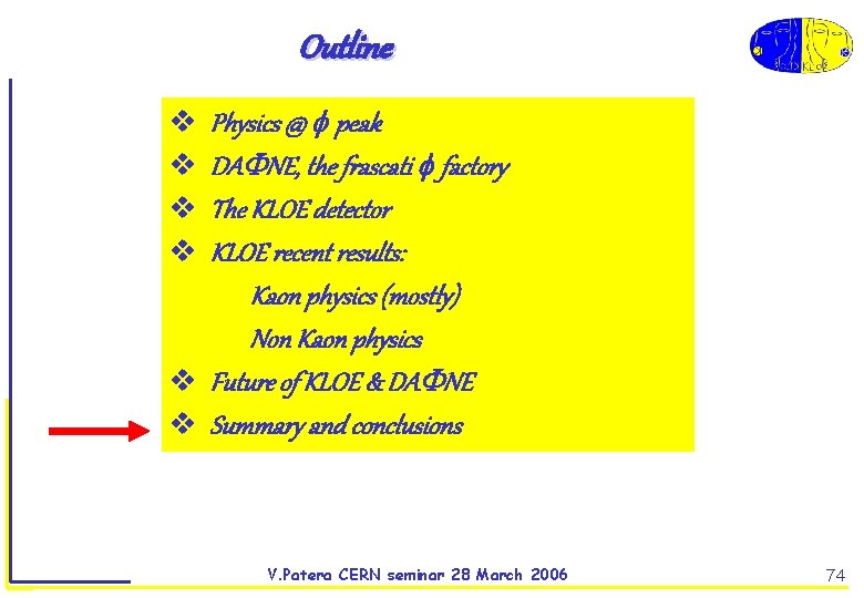 Outline Physics @ peak DA NE, the frascati factory The KLOE detector KLOE recent