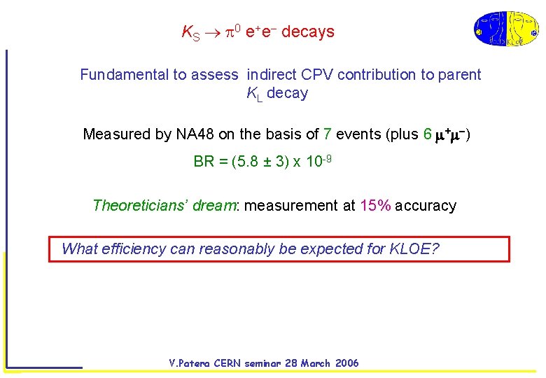 KS 0 e+e decays Fundamental to assess indirect CPV contribution to parent KL decay