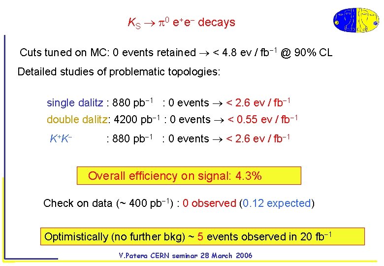 KS 0 e+e decays Cuts tuned on MC: 0 events retained < 4. 8