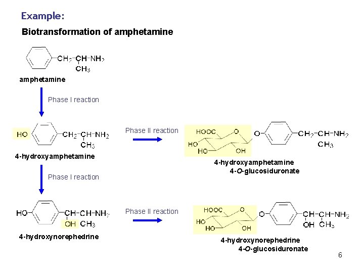 Example: Biotransformation of amphetamine Phase I reaction Phase II reaction 4 -hydroxyamphetamine 4 -O-glucosiduronate