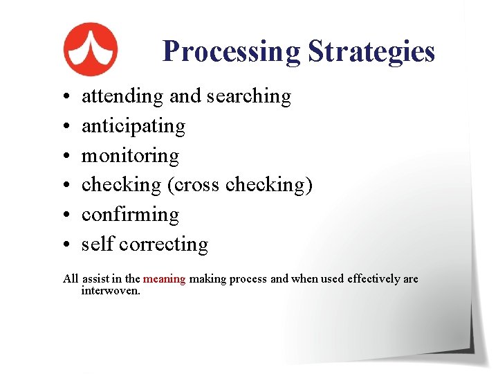 Processing Strategies • • • attending and searching anticipating monitoring checking (cross checking) confirming