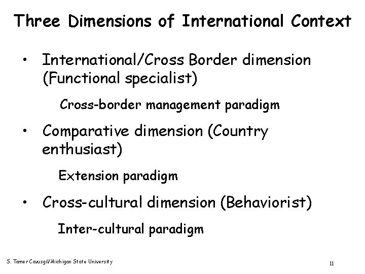 Three Dimensions of International Context • International/Cross Border dimension (Functional specialist) Cross-border management paradigm