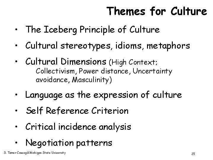 Themes for Culture • The Iceberg Principle of Culture • Cultural stereotypes, idioms, metaphors