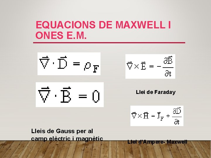 EQUACIONS DE MAXWELL I ONES E. M. Llei de Faraday Lleis de Gauss per