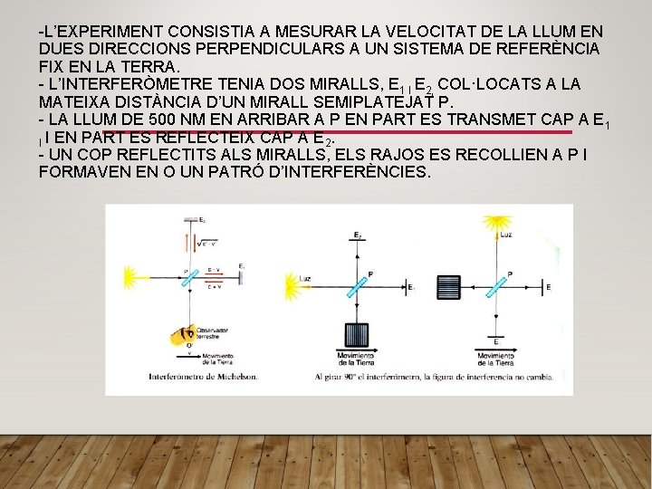 -L’EXPERIMENT CONSISTIA A MESURAR LA VELOCITAT DE LA LLUM EN DUES DIRECCIONS PERPENDICULARS A