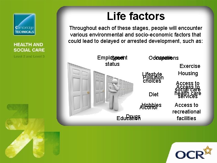 Life factors Throughout each of these stages, people will encounter various environmental and socio-economic