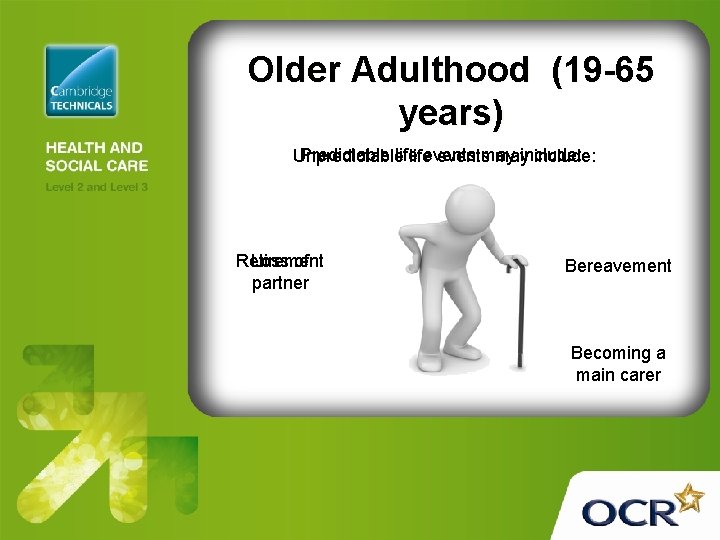Older Adulthood (19 -65 years) Predictable life Unpredictable lifeeventsmay mayinclude: Retirement Loss of partner