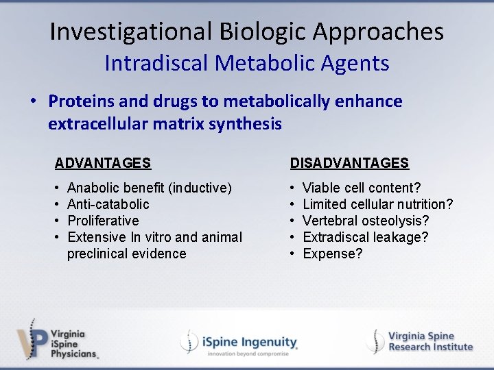 Investigational Biologic Approaches Intradiscal Metabolic Agents • Proteins and drugs to metabolically enhance extracellular