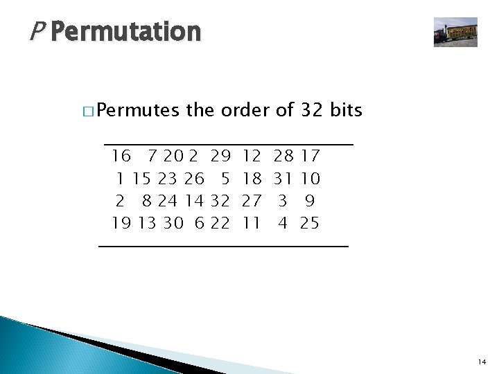 P Permutation � Permutes the order of 32 bits 16 7 20 2 1